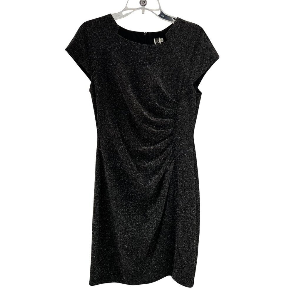 Julian Taylor Glitter Sheath Dress Sunburst Ruched Cap Sleeve Gray Size 12 Zip